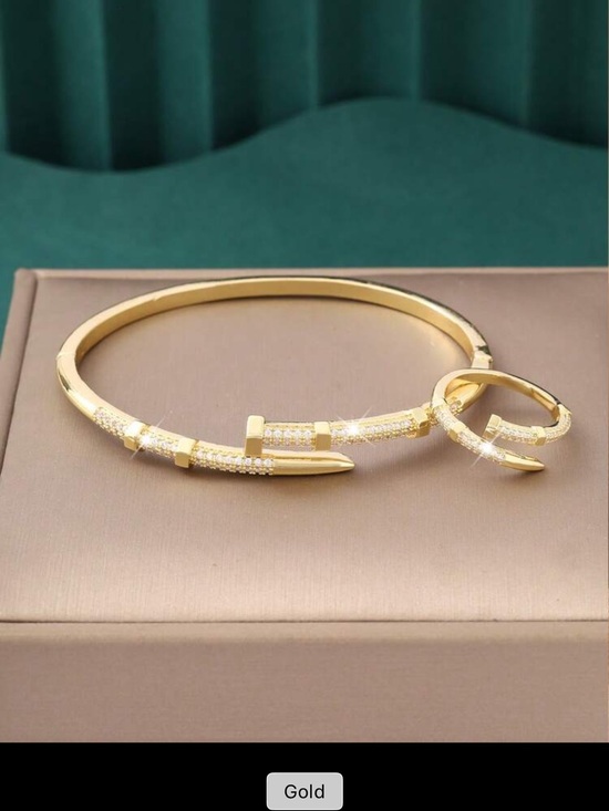 Jewelry - Gold Pavé Nail Cuff Bracelet  Ring Set 2pc viral CZ crystal designer stack new